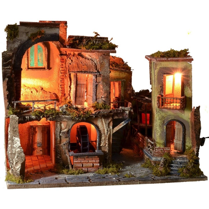Nativity scene with illuminated village, oven and functioning