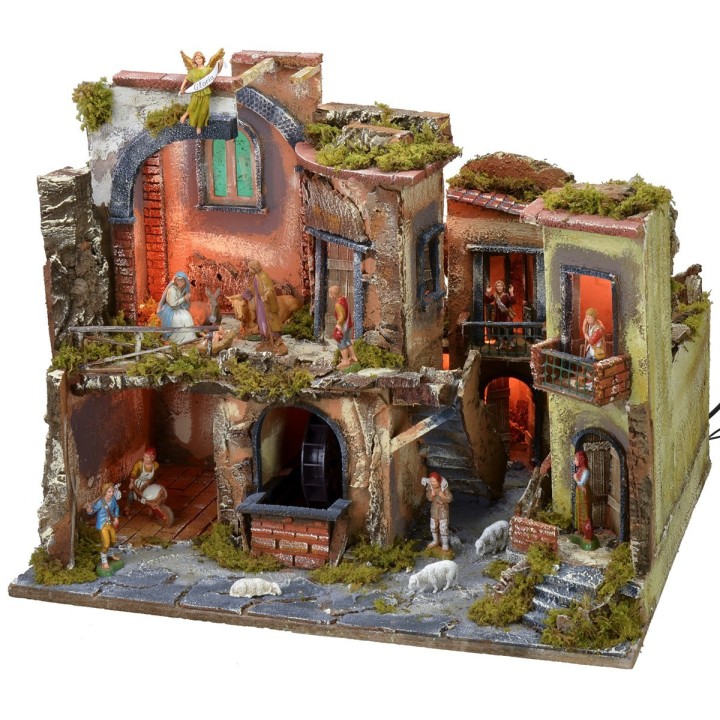 Presepe completo di statue con borgo illuminato, forno e