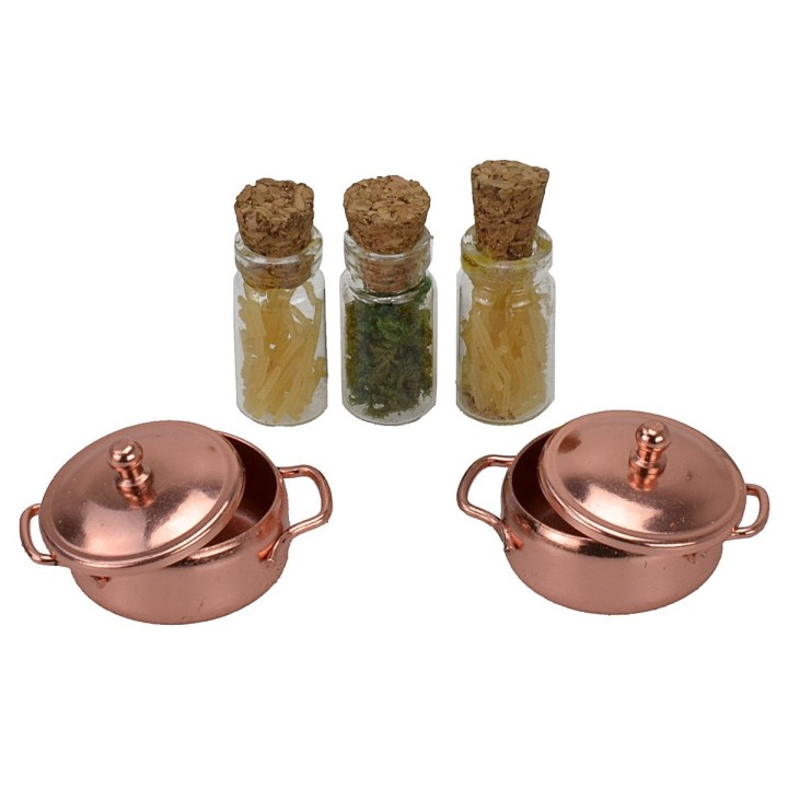 Set 3 vasetti con spezie e 2 pentole miniature presepe