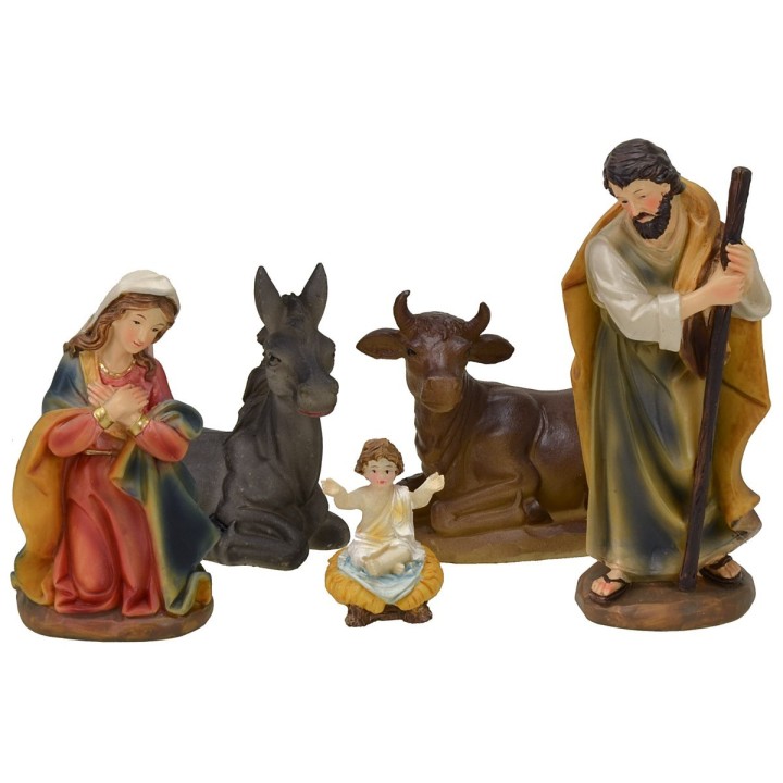 Nativity 5 subjects with seated Jesus in resin series 15 cm