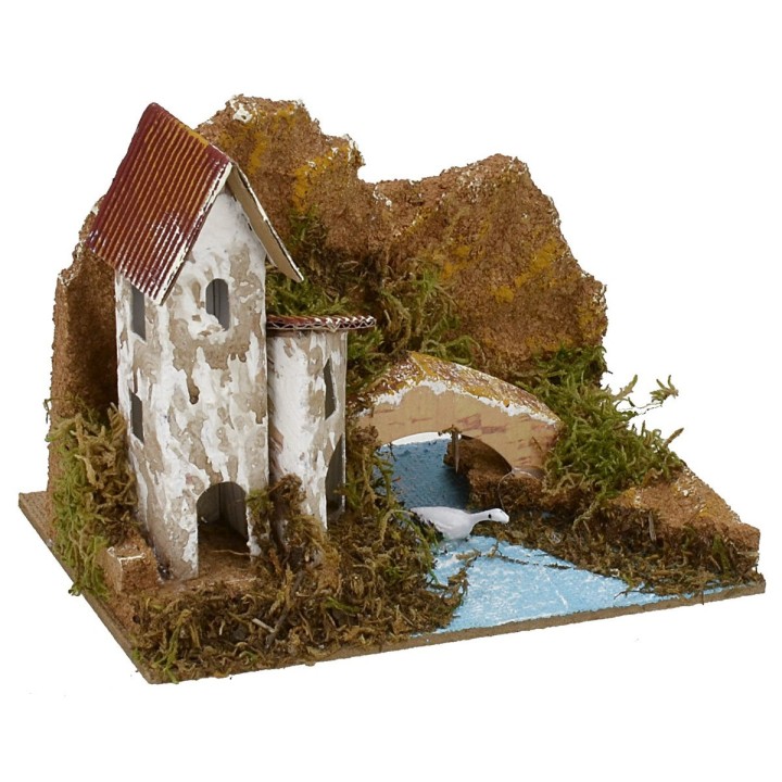 Small houses with river for nativity scene cm 15x10,5x11,5 h