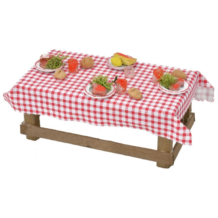 Tavolo in legno con tovaglia e pietanze cm 16,5x7x6,5 h