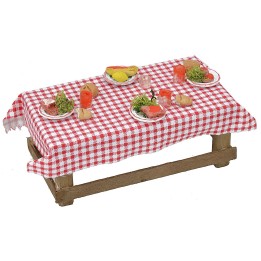 Tavolo in legno con tovaglia e pietanze cm 16,5x7x6,5 h
