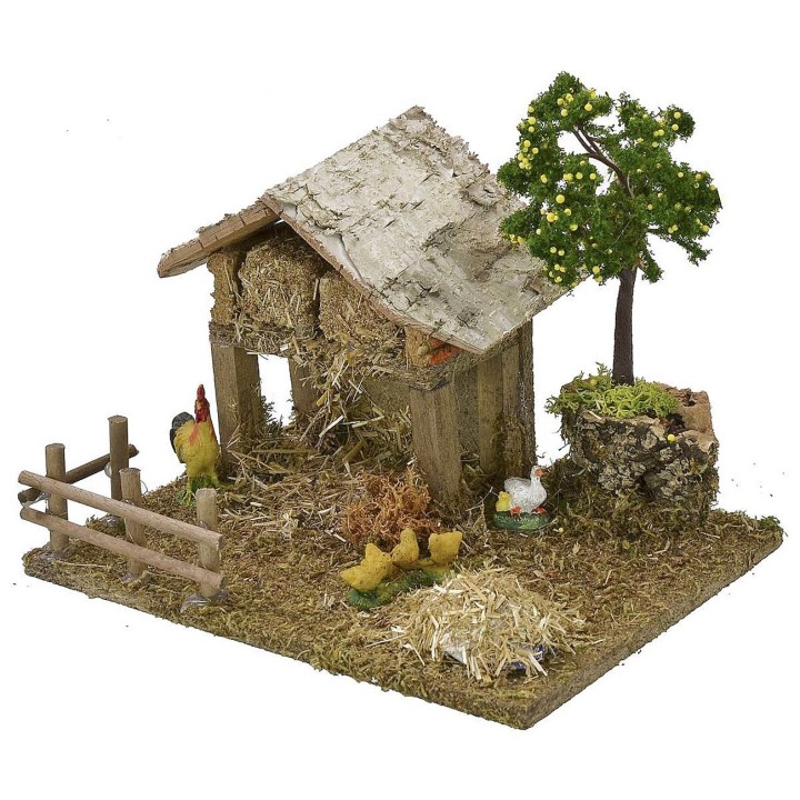 Granero con gallinero y gallinas con pollitos de 19x15x16 cm h