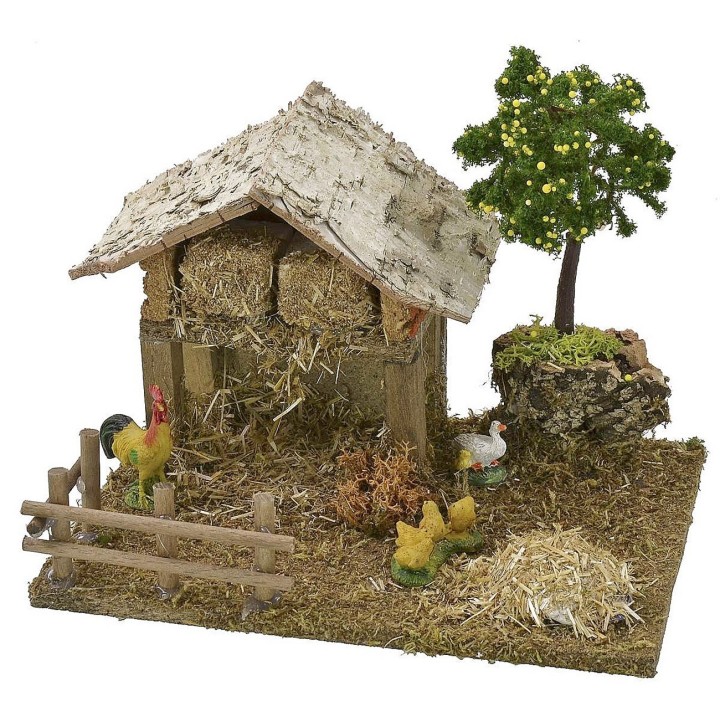Fienile con pollaio e galline con pulcini cm 19x15x16 h