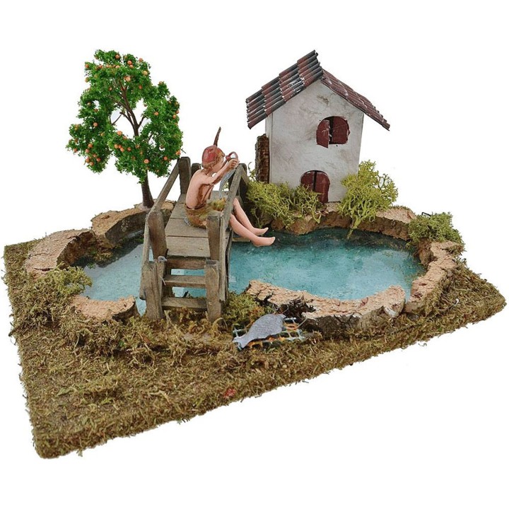 Laghetto con effetto profondità pescatore Landi, albero e casa