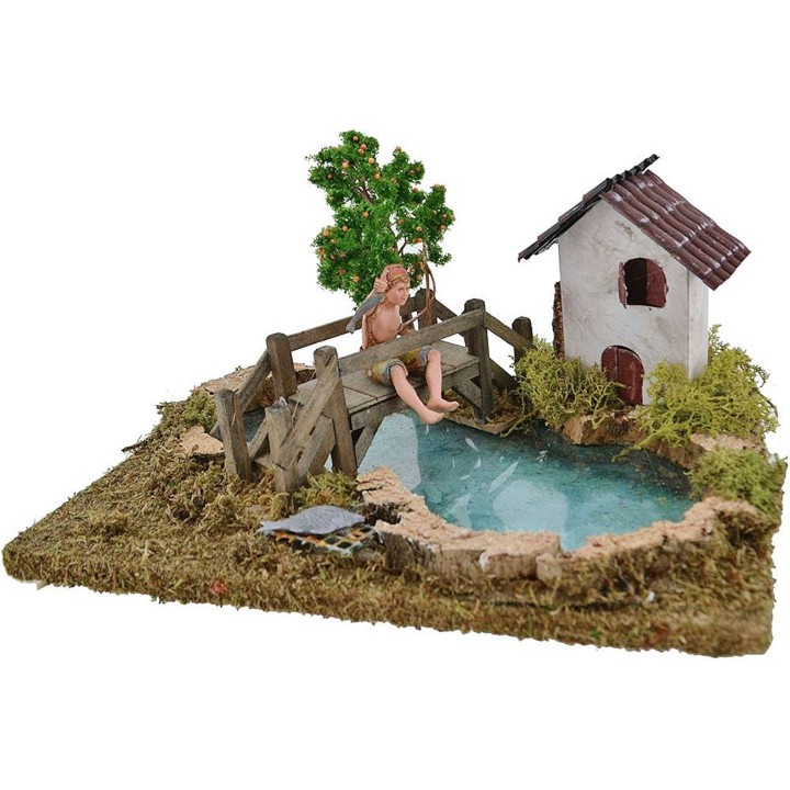 Laghetto con effetto profondità pescatore Landi, albero e casa