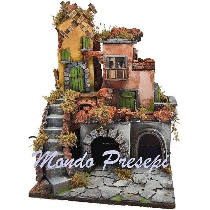 Presepe con borgo illuminato e mulino 30x30x40 h.