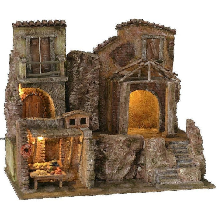 Borgo illuminato con case e botteghe cm 50x30x41 h