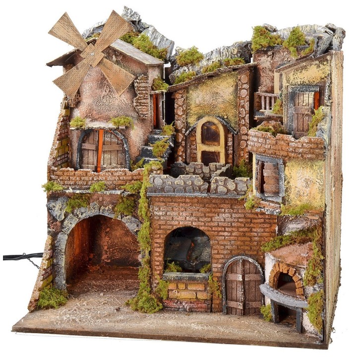 Borgo napoletano illuminato con forno, mulino a vento e cascata