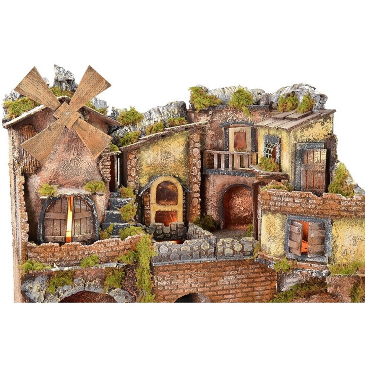 Borgo napoletano illuminato con forno, mulino a vento e cascata