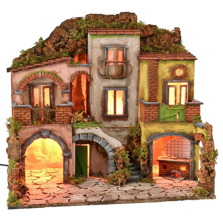 Neapolitan village illuminated with fire 700 style cm 60x40x56 h