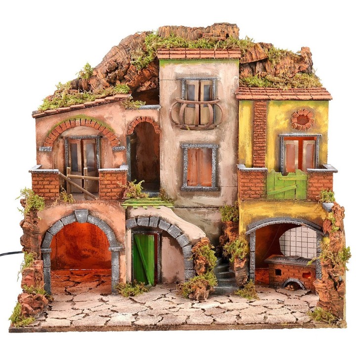 Neapolitan village illuminated with fire 700 style cm 60x40x56 h