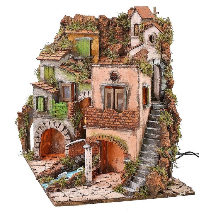 Illuminated Neapolitan village with 18th century style mill cm