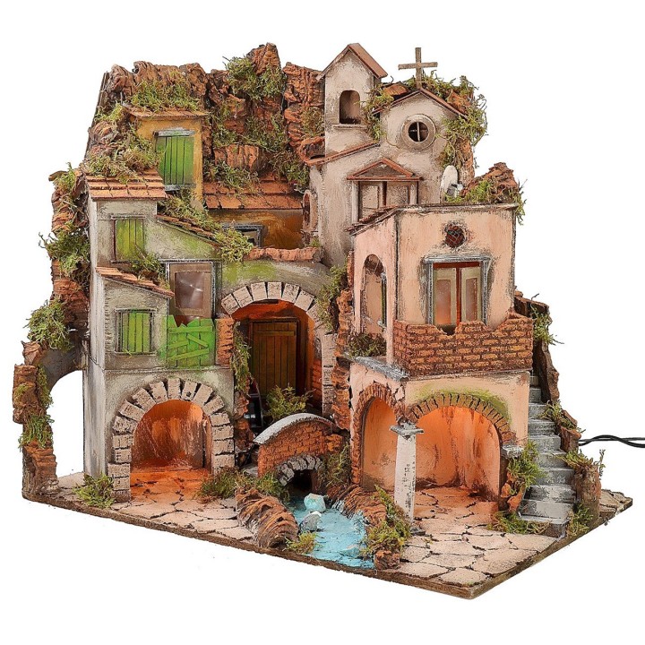 Illuminated Neapolitan village with 18th century style mill cm