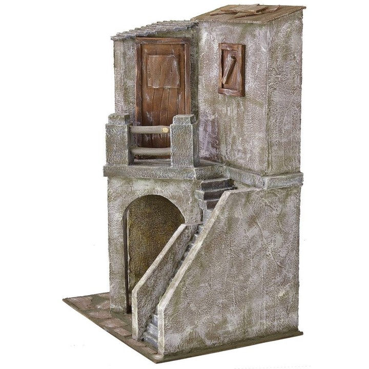 Casa con scalinata e bottega cm 39x29x56,5 h per statue da 20 cm