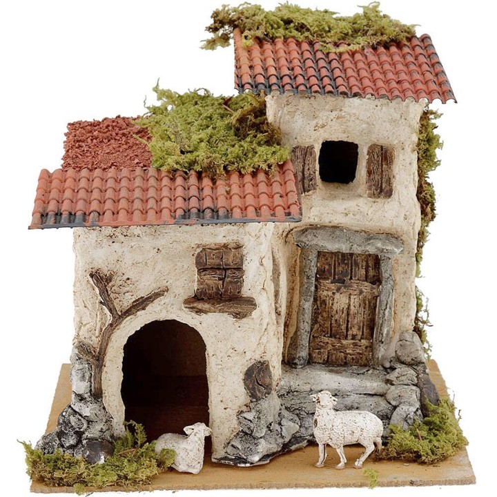 Casa rústica con ovejas cm 24x19x22 h.