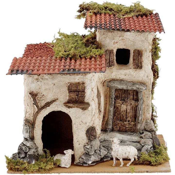 Casa rustica con pecore cm 24x19x22 h.