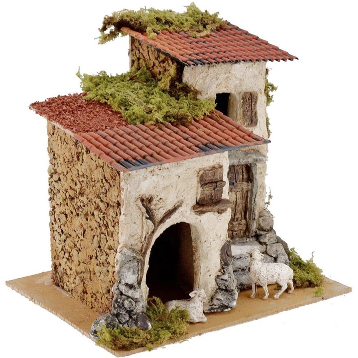 Casa rústica con ovejas cm 24x19x22 h.