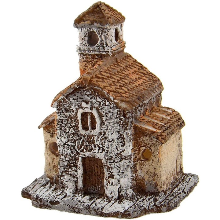 Resin church with bell tower, nativity scene cm 6.5x5x7.5 h.