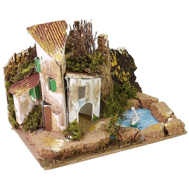 Gruppo di casette con stagno per presepe cm 15x10,5
