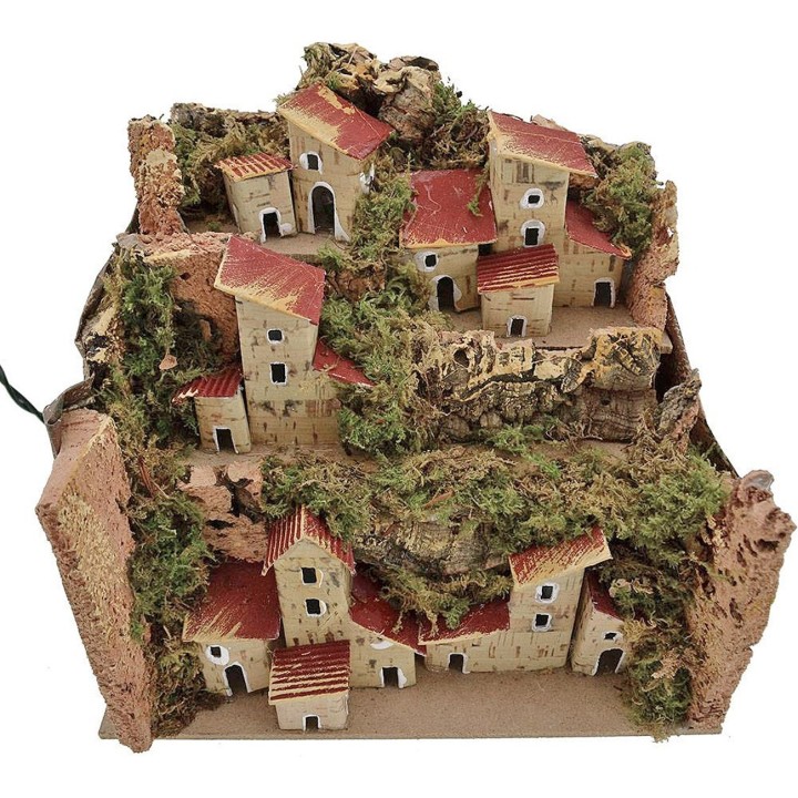 Paesaggio per presepe con casette illuminate a luci led cm