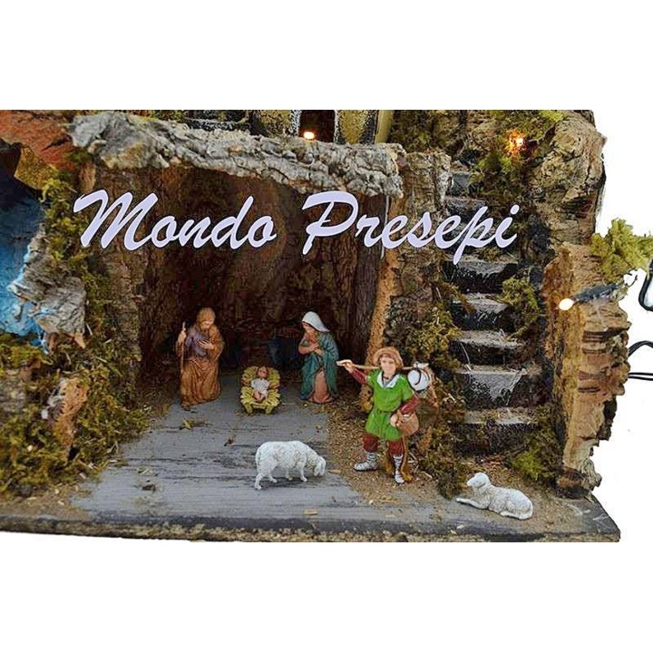 Nativity scene with statues Landi and stream lights cm 42x35x38