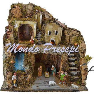 Presepe con statue Landi e ruscello luci cm 42x35x38 h.