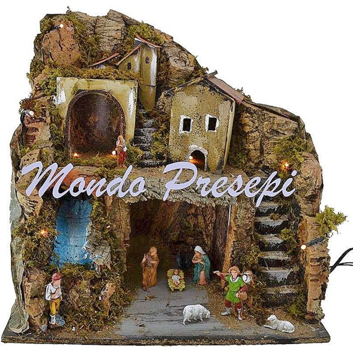 Nativity scene with statues Landi and stream lights cm 42x35x38