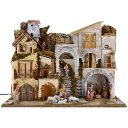 Pesebre iluminado completo con estatuas Landi con aldea y cueva