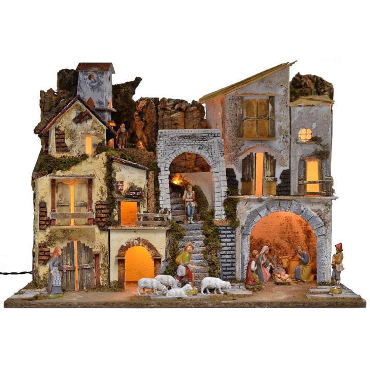 Illuminated nativity scene complete with Landi statues with