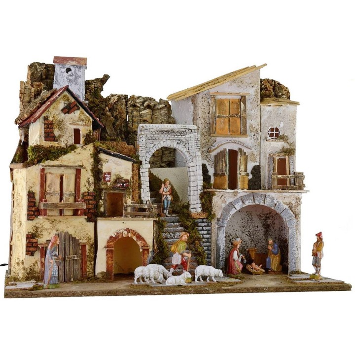 Pesebre iluminado completo con estatuas Landi con aldea y cueva