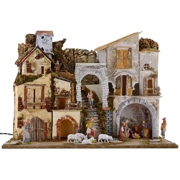Pesebre iluminado completo con estatuas Landi con aldea y cueva