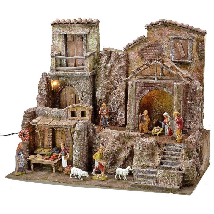 Belén iluminado completo con estatuas Landi con casas y tiendas