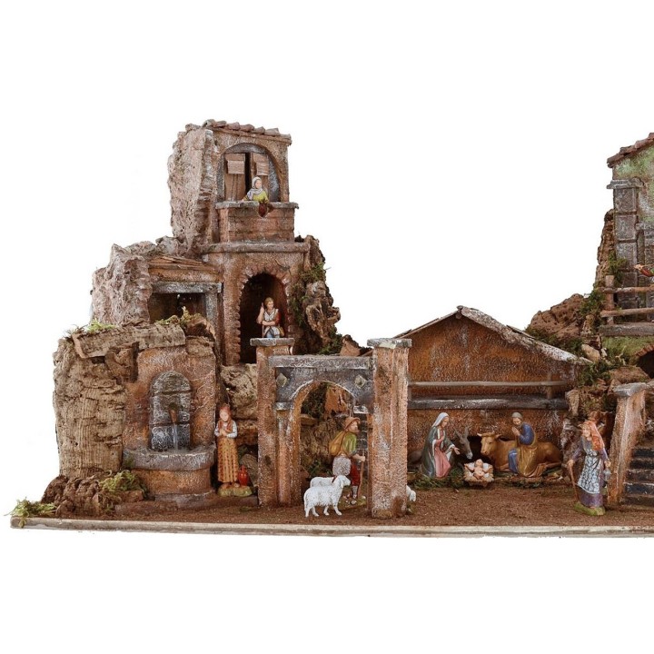 Belén iluminado completo con estatuas Landi, casas y fuente