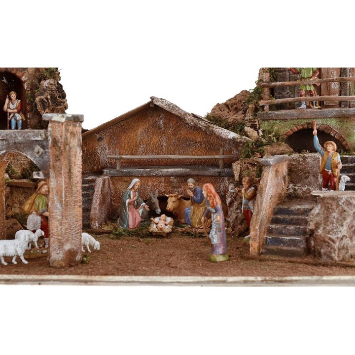 Presepe illuminato completo di statue Landi con case e fontana