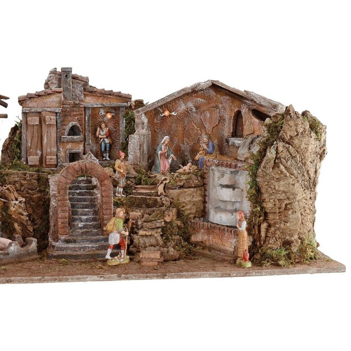 Belén iluminado completo con estatuas Landi, con paisaje y