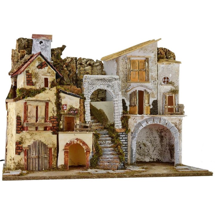 Presepe illuminato con borgo e grotta cm 60x34x45 h