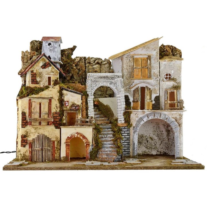 Pesebre iluminado con aldea y cueva cm 60x34x45 h