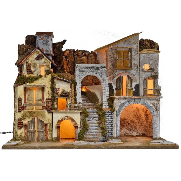 Presepe illuminated with borgo and grotto cm 60x34x45 h