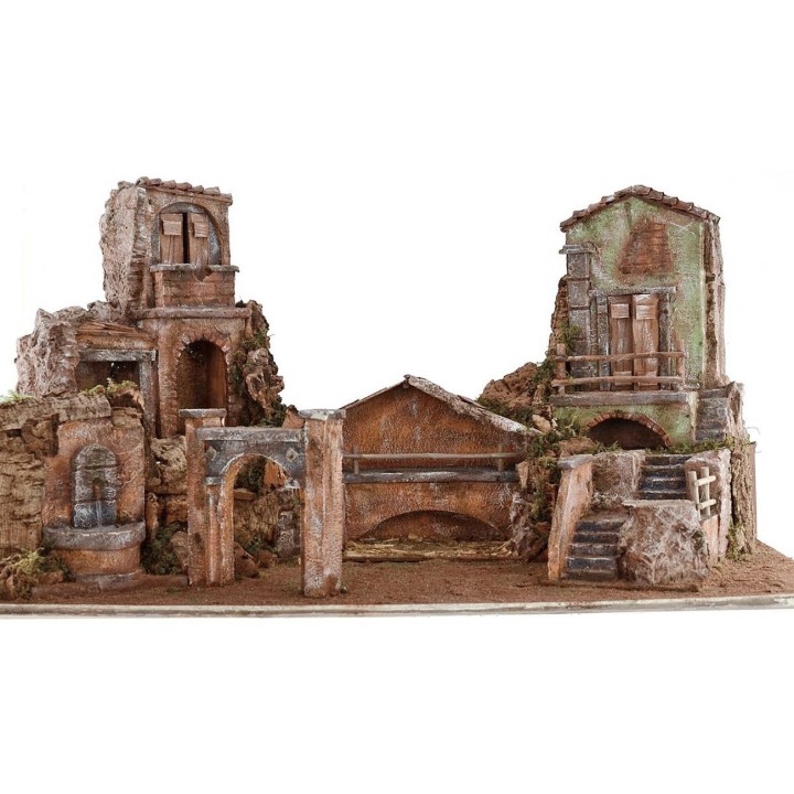 Belén iluminado con casas y fuente funcional de 80x40x41 cm h