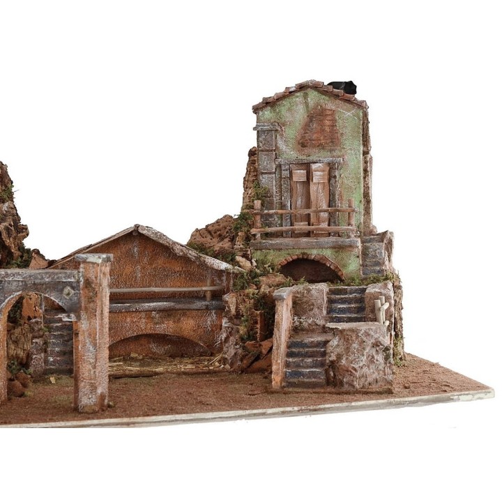 Belén iluminado con casas y fuente funcional de 80x40x41 cm h