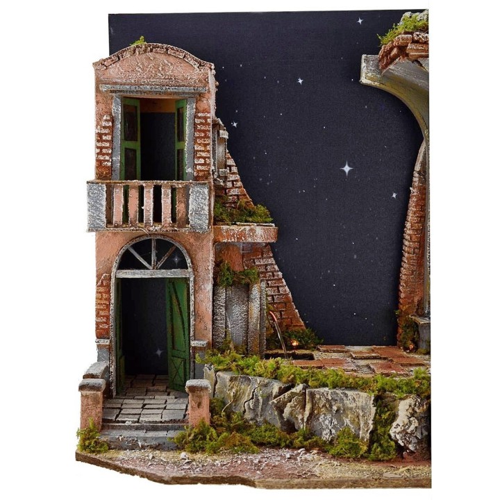 Presepe illuminated with fiber-optic stellar sky, fountain and
