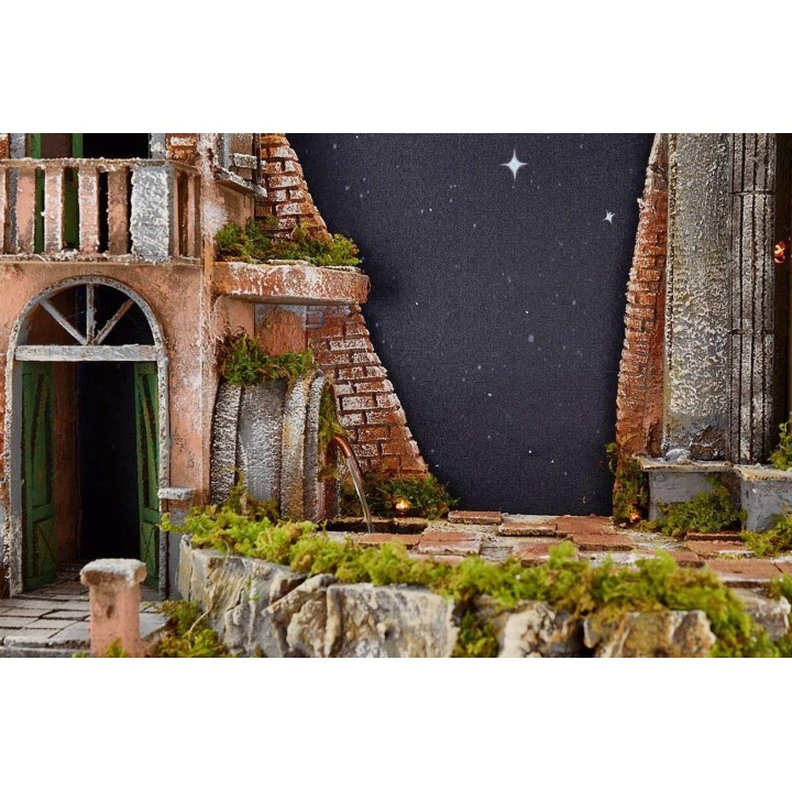 Presepe illuminato con cielo stellato a fibre ottiche, fontana