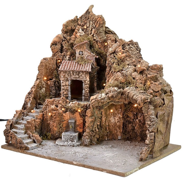 Presepe illuminato con fontana funzionante e paesaggio cm