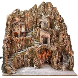 Enlightened presepe with windmill, waterfall and furnace