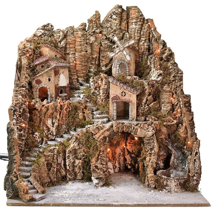 Enlightened presepe with windmill, waterfall and furnace