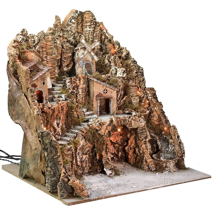 Presepe illuminato con mulino a vento, cascata e forno
