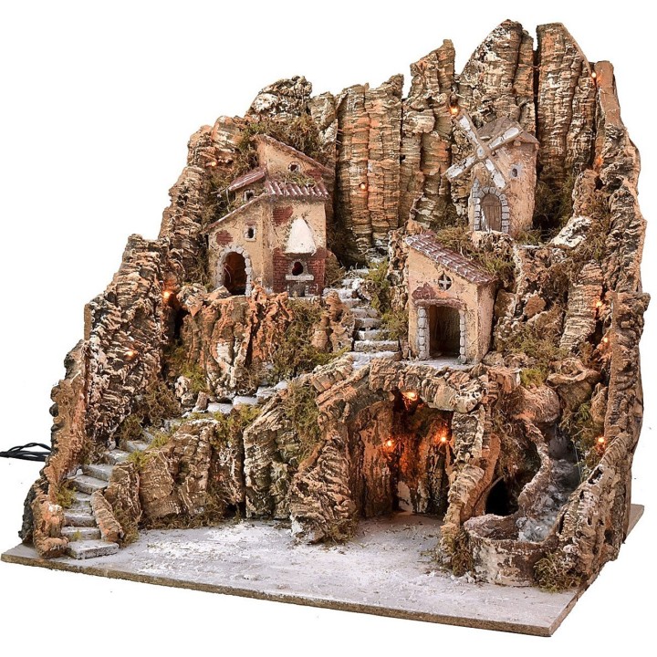 Enlightened presepe with windmill, waterfall and furnace