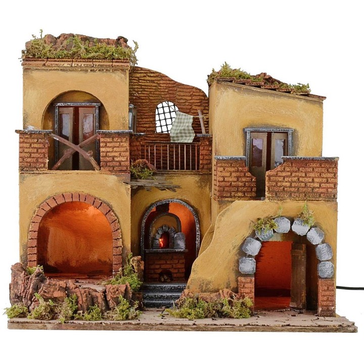 Pueblo pesebre iluminado con fuego funcional de 50,5x40,5x46 cm